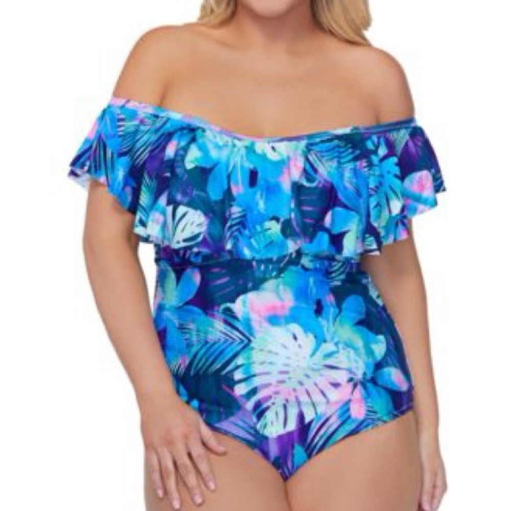 NWT Raisins size 14 tropical print  one piece with off the shoulders ruffle